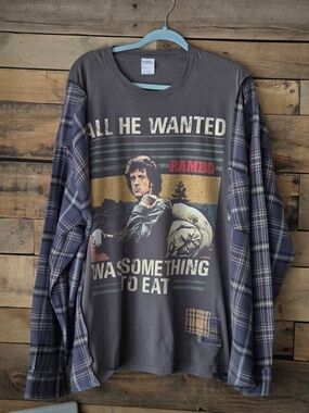 Upcycled Rambo Graphic T-shirt With Long Flannel  Sleeves